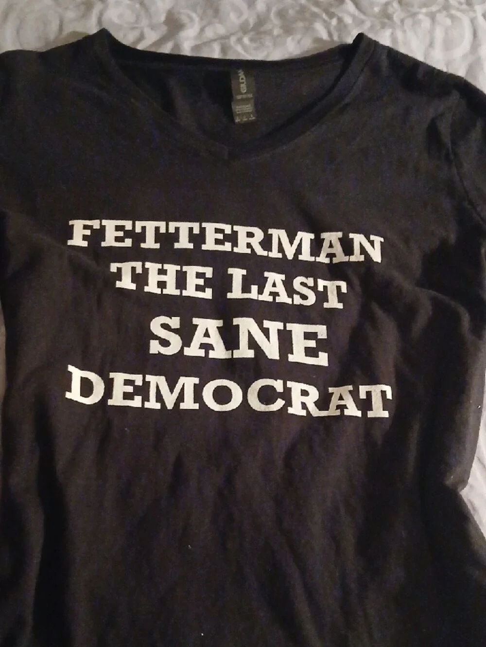 Gildan Black V-Neck Tee with White Political Text